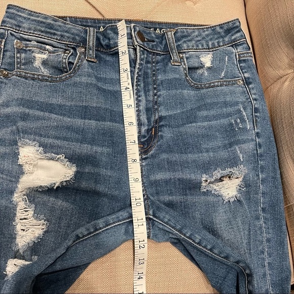 American Eagle Super Hi Rise Super stretch Jeggings Jeans Distressed Chewed Hems - Picture 9 of 11